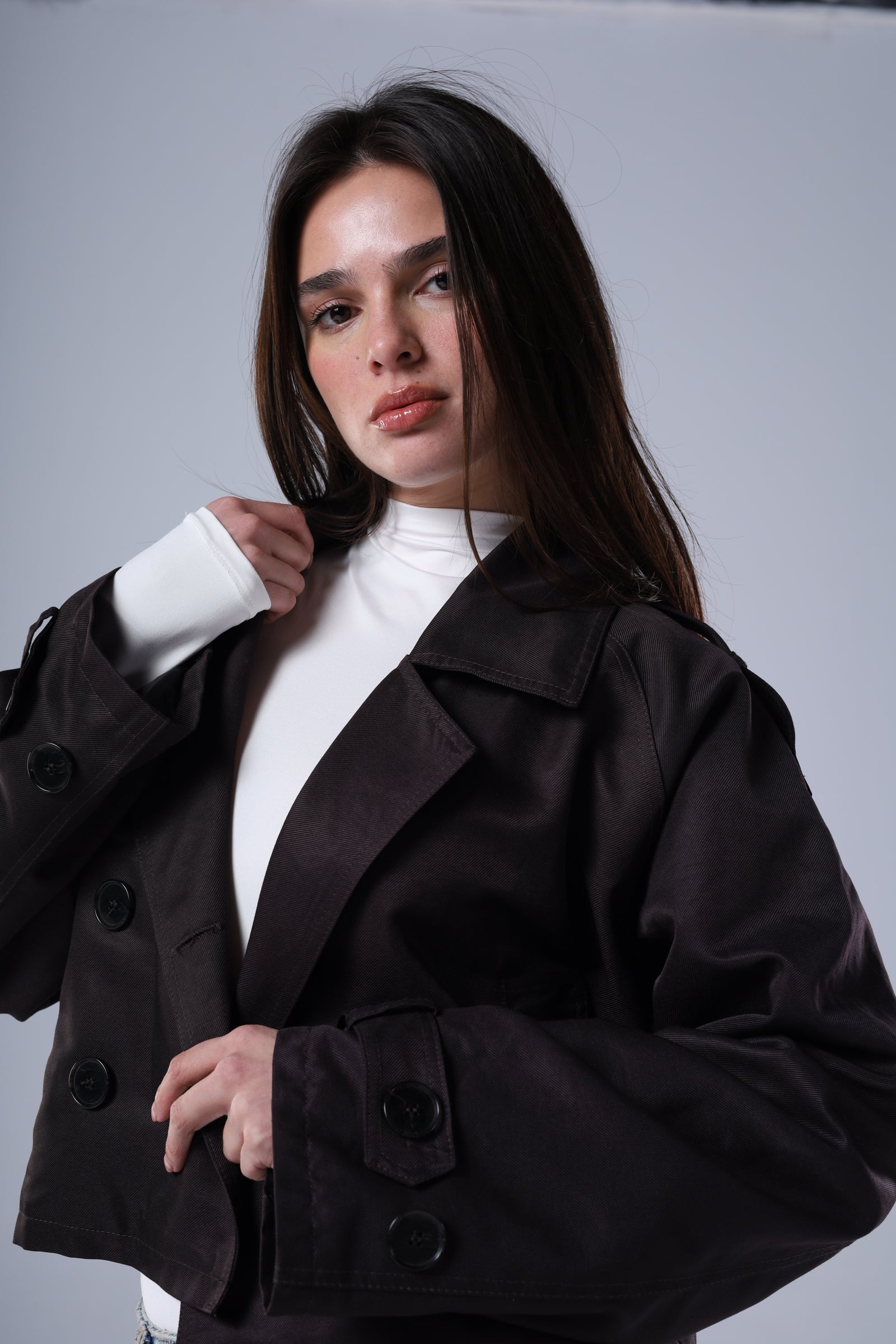 Chocolate brown cropped trench jacket