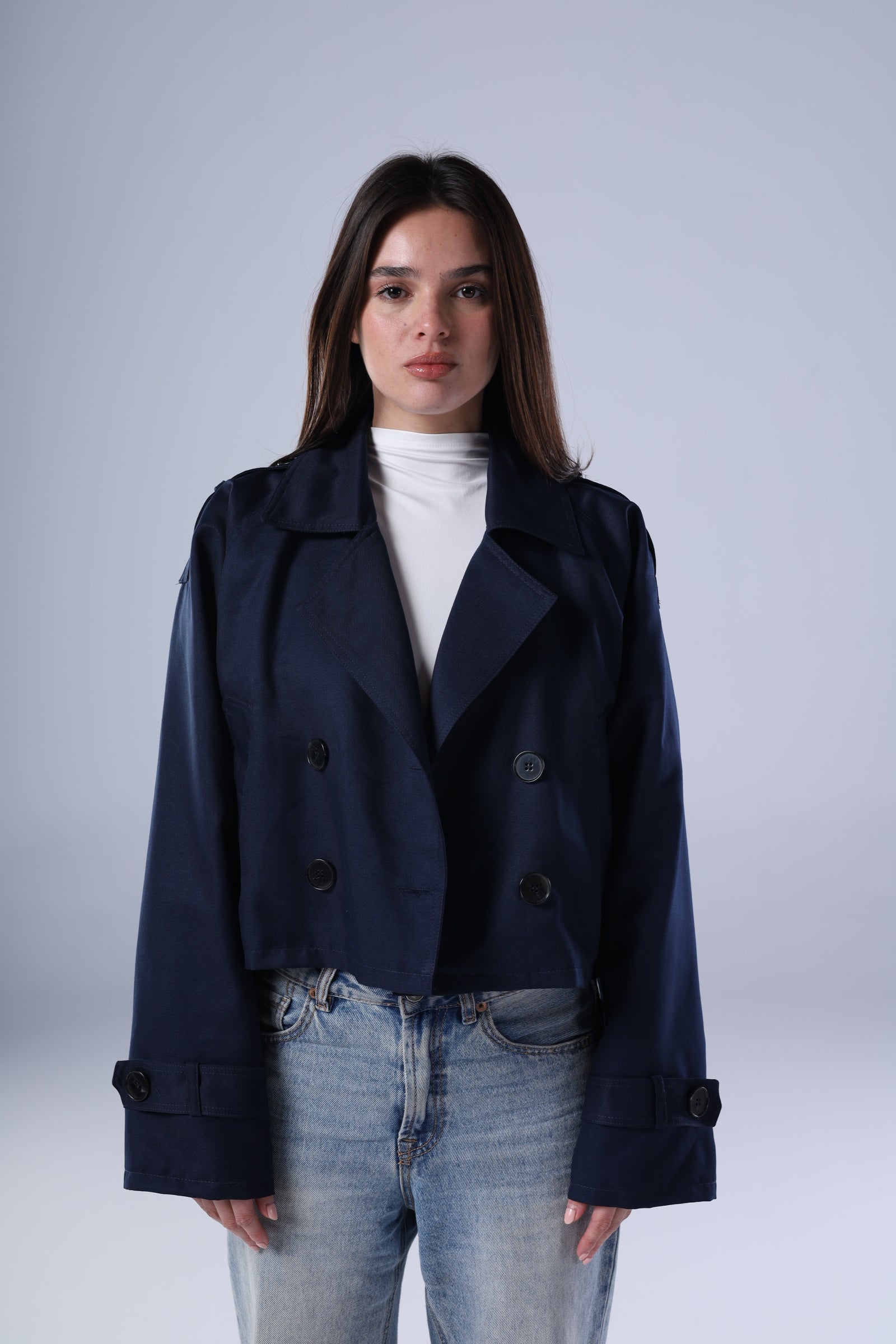 Navy blue cropped trench jacket