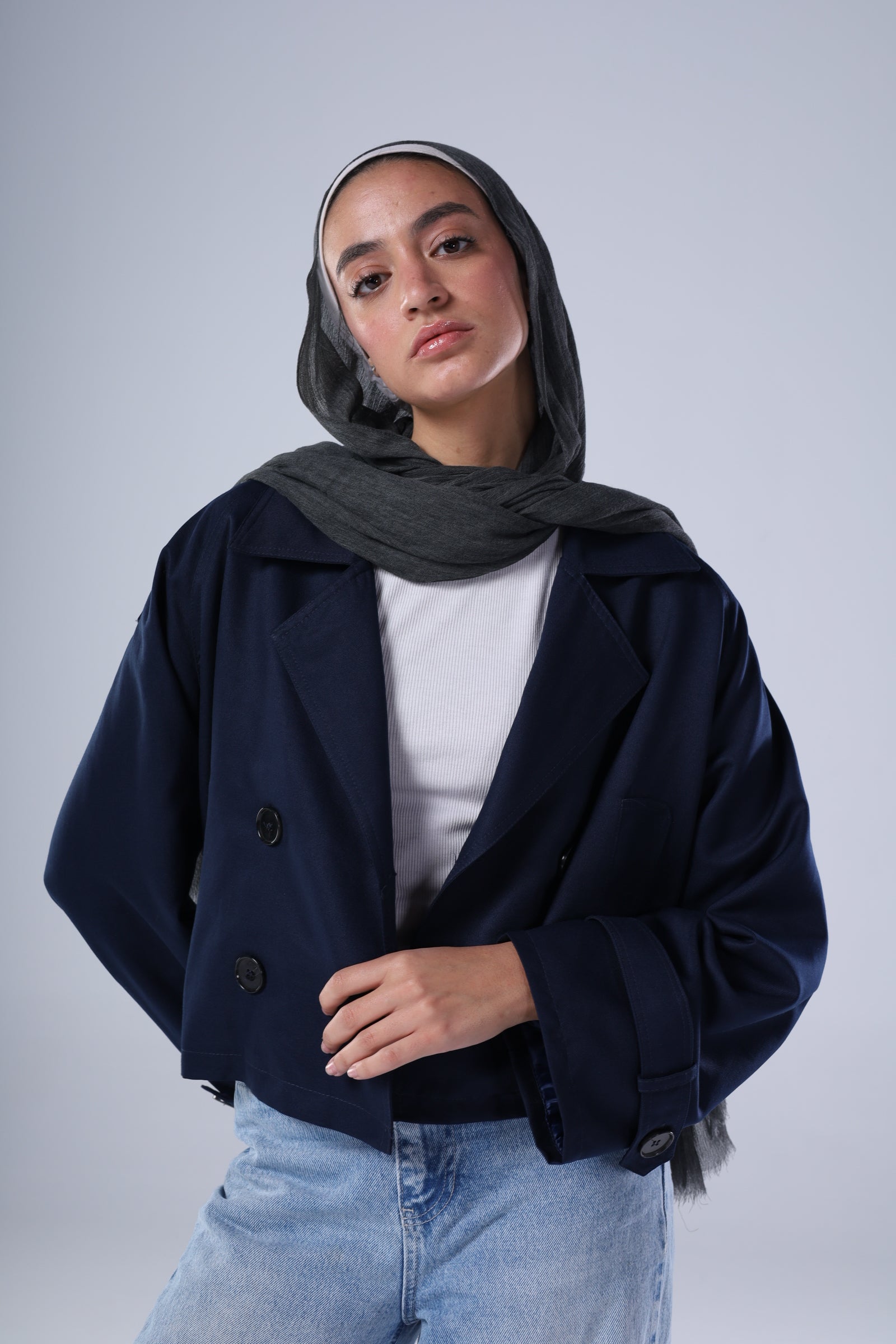 Navy blue cropped trench jacket