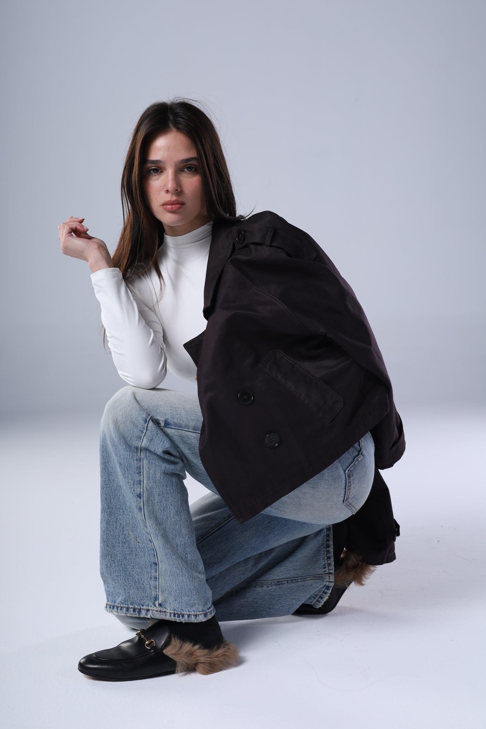 Chocolate brown cropped trench jacket