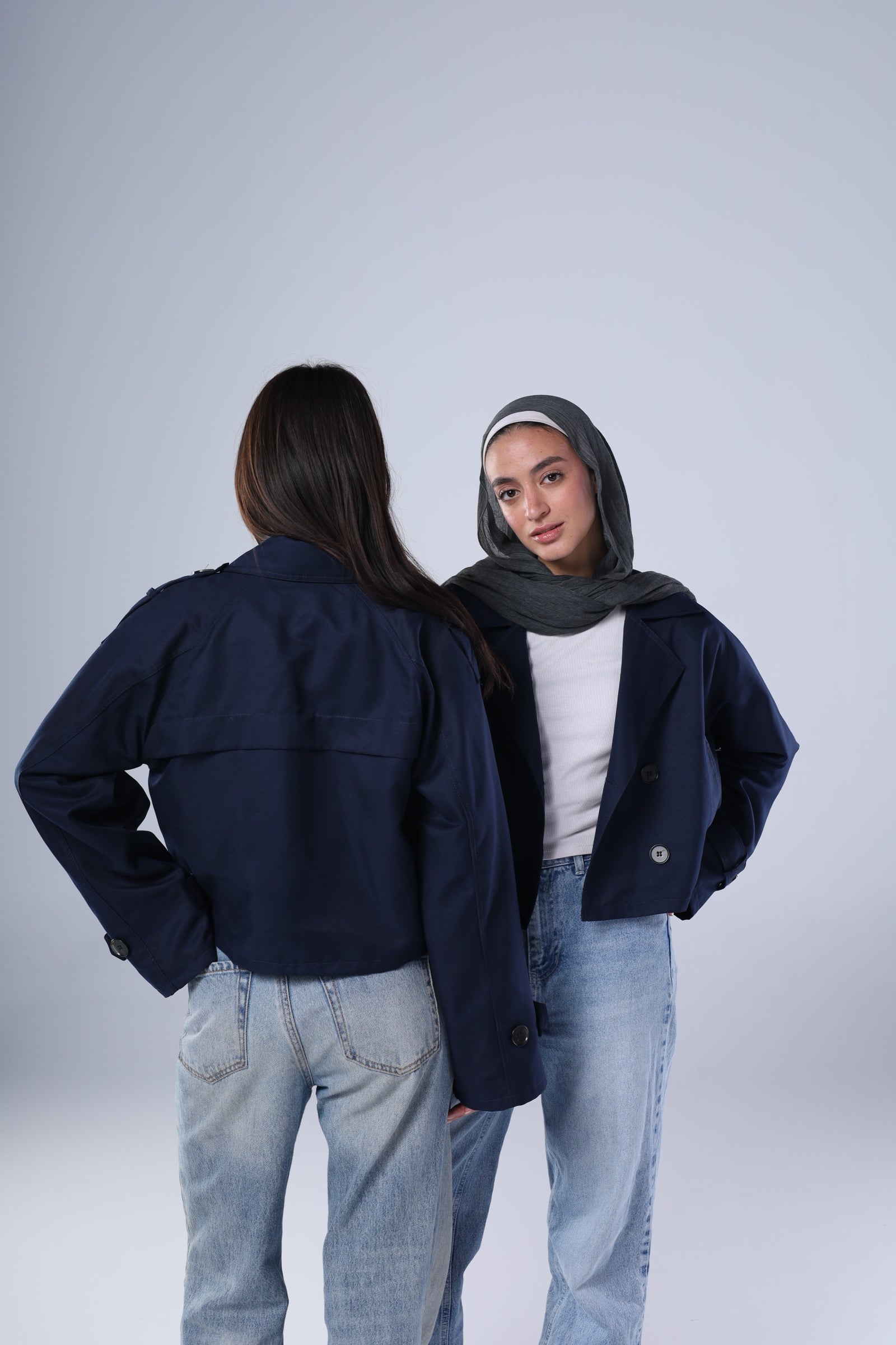 Navy blue cropped trench jacket